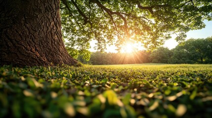 Poster - Sunlight filtering through tree leaves, casting shadows on a grassy field.