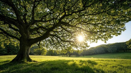 Poster - Majestic tree with sun rays shining through the leaves, vibrant green landscape.