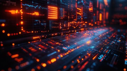 Poster - Abstract digital landscape with glowing data visualizations.