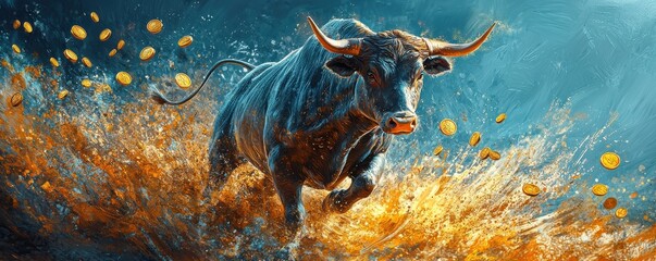 Poster - Dynamic artistic wallpaper depicting a powerful bull surrounded by flying coins and fiery energy symbolizing strength and wealth