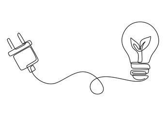 Wall Mural - Minimalist Light Bulb with Leaf Continuous Line Art for Sustainable Energy Design