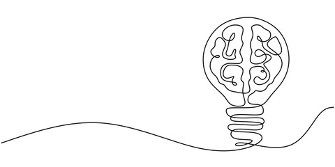 Wall Mural - Creative Light Bulb Brain Concept Continuous Line Drawing Minimalist Design Vector Illustration