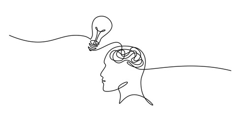 Wall Mural - continuous line drawing of brain with light bulb for creative ideas minimalist design vector