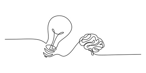 Wall Mural - Brain and Light Bulb Continuous Line Drawing Creative Idea Concept Minimalist Vector Illustration