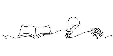 Wall Mural - continuous line drawing of open book and light bulb for education and ideas concept