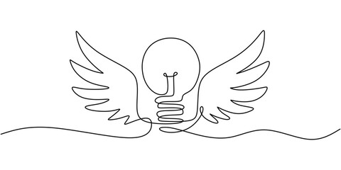 Wall Mural - light bulb with wings continuous line drawing symbolizing inspiration minimalist design vector art
