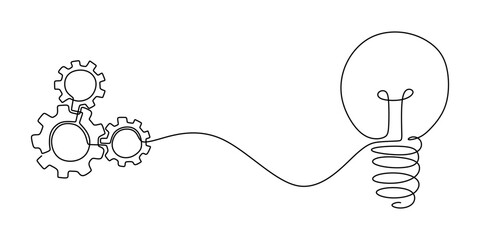 Wall Mural - continuous line drawing of moving gear and light bulb minimalist concept vector illustration