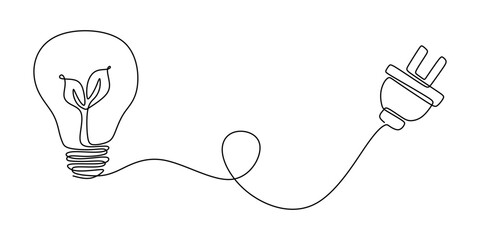 Wall Mural - Eco-Friendly Light Bulb with Leaves Continuous Line Drawing for Green Energy Concept