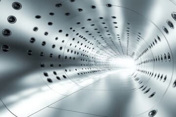 Poster - A sleek, metallic tunnel features intricate patterns and is illuminated by a bright light ahead