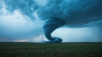 Poster - A powerful tornado twisting across an open field under dramatic storm clouds.