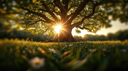 Poster - Majestic tree with sunlight filtering through its leaves in a vibrant green meadow.