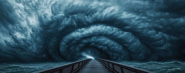 Poster - Dramatic stormy sky over a pier, swirling clouds and turbulent sea, moody atmosphere.