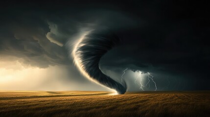 Poster - Tornado forming in dark storm clouds over a golden field