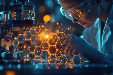 Poster - Scientist examining molecular structures in a laboratory during nighttime experimentation