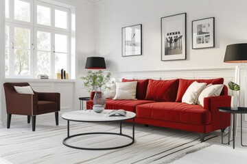 A modern living room interior with a red velvet sofa. a white coffee table. and a brown armchair