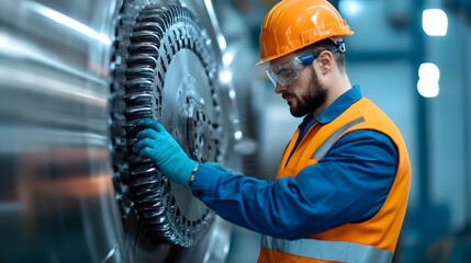 Aviation mechanic working diligently to repair a damaged turbine blade in a well lit and organized workshop showcasing their expertise in machinery maintenance and engineering