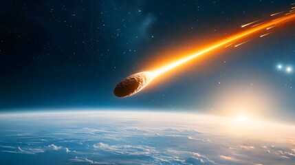 Breathtaking photography of a comet with a fiery red tail racing across the night sky during a dramatic meteor shower surrounded by a multitude of shooting stars