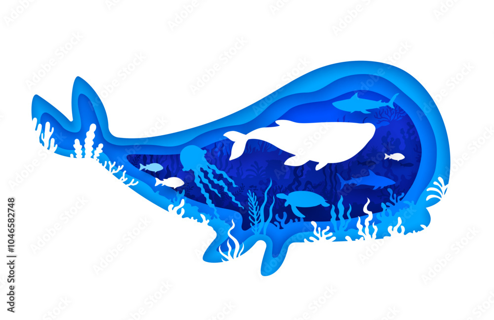 Paper cut underwater landscape with whale silhouette and sea animals ...