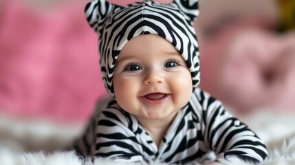 Wall Mural - A baby wearing a zebra hat and a striped outfit is smiling