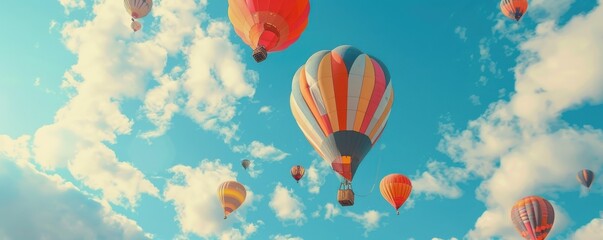 Sticker - Colorful hot air balloons floating in the sky, 4K hyperrealistic photo