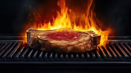 Close-up of luxury steak being grilled, flames reflecting off the meat's texture, dark industrial kitchen background, Steampunk, Deep shadows, Dramatic lighting