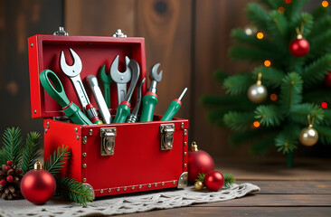 a christmas-themed toolbox with tools, surrounded by holiday ornaments, a wooden background, copy sp
