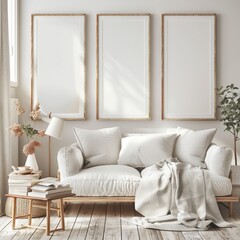 A white couch with three empty picture frames in a minimal living room with wooden floors and natural light