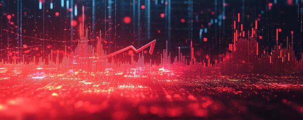 Poster - Dynamic red stock market graph showcasing volatility with an upward trending arrow symbolizing economic growth and fluctuating trends against a blurred cityscape background