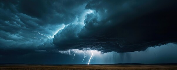 dramatic storm clouds illuminated by flashes of lightning.