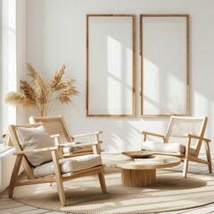 A minimalist living room with two armchairs. a coffee table. and two empty frames on the wall The room is decorated with a vase of dried pampas grass and a rug on the floor Sunlight streams