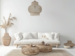 A minimalist living room with a white sofa. two wicker coffee tables. a large wicker pendant light. and a vase with dried pampas grass