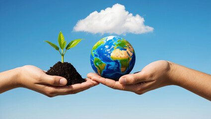 two hands hold a tree and earth, set against a soft green background, symbolizing environmental cons