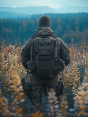 soldier walking in field rear view