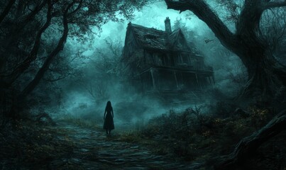 A woman walks toward a haunted house in the woods.