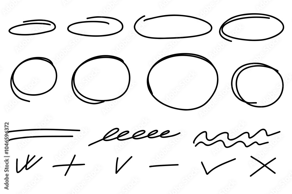 Highlight oval frames, hand drawn underlines lines, check marks. Hand ...