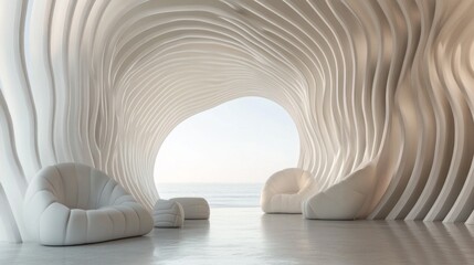 Aufkleber - A white room with a curved wall and a view of the ocean
