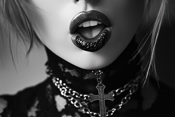 Black and white portrait highlighting dark glossy lips, lace fashion, and a cross pendant for a bold gothic style.