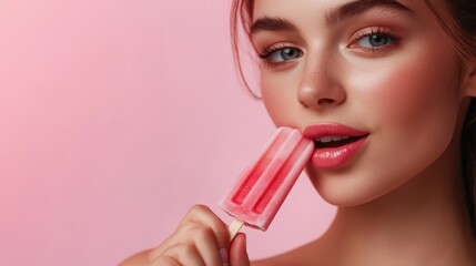 Poster - this young woman savors a colorful popsicle, playfully licking it while smiling softly against a pas