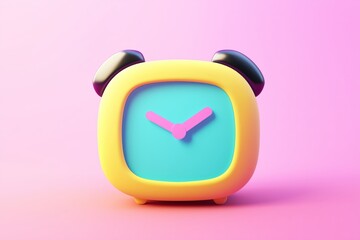 A colorful, quirky alarm clock with a yellow frame, blue face, and pink hands, featuring a fun design