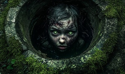 Creepy girl with green eyes emerges from a well.