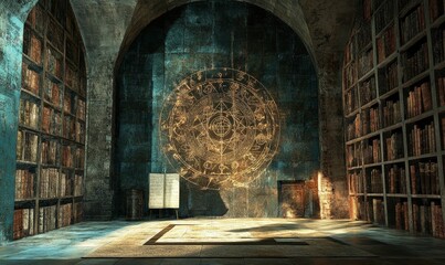 Poster - Ancient library with a magical symbol.