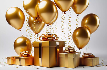 Gift golden box and balloons