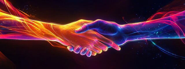 Two glowing hands in neon orange and blue are shaking hands on a black background.