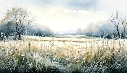 Wall Mural - A tranquil watercolor painting of a vast field of tall grass, shrouded in mist. Quiet November morning with frost-covered grass. Illustration. Drawing. Art. Autumn. 2