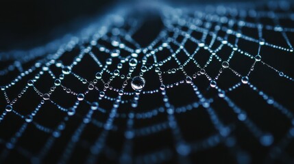 A close-up of dew drops on a spider web in the morning.
