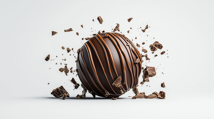 Wall Mural - Exploding chocolate ball with melted drizzles and scattered chocolate chunks on a light background