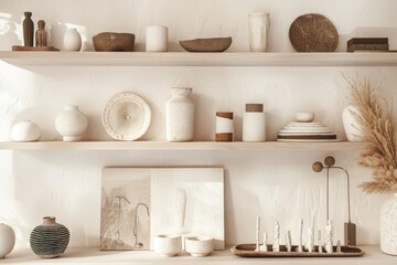 Two wooden shelves with various decorative items such as ceramic vases. bowls. and sculptures. with a painting on the wall and a vase of dried grass on the right