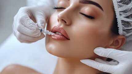 Poster - A professional administers a hyaluronic acid injection to enhance the woman’s lips, focusing on skin rejuvenation in a clinical setting. Generative AI