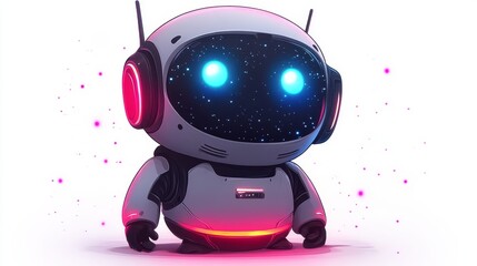 A cute robotic character with glowing blue eyes and headphones, featuring a cosmic design against a vibrant background.