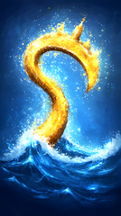 Wall Mural - A golden, flame-like letter 'S' emerges from the ocean waves, a symbol of hope and power.